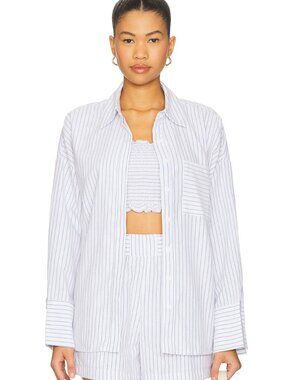 ALL THE WAYS White Cotton ALICE BUTTON DOWN Blue Striped Top Shirt XS ID-2574823